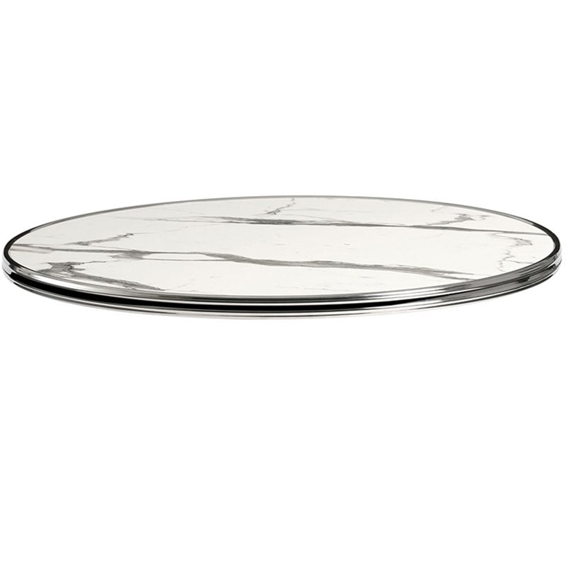 Nobis Furniture - Halo Deluxe Round Outdoor Table Top - White Marble with Chrome Metal Rim