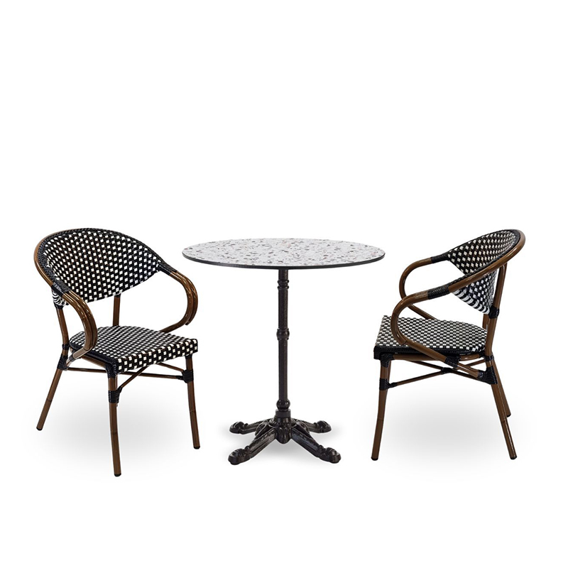 Nobis Furniture - Next Day Emily Mixed Terrazzo Ultra HP Laminate Round Outdoor Dining Set - 2 Seater Side Chair Set