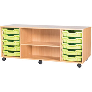 10 Tray Mobile Triple Bay Classroom Storage Unit With Centre Shelf - 533mm High