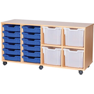 12 Shallow and 4 Extra Deep Mixed Tray Quad Bay Mobile or Static Classroom Storage Unit - 615mm High
