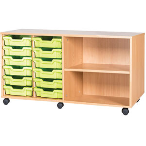 12 Tray Mobile or Static Quad Bay Classroom Storage Unit with End Shelf - 615mm High