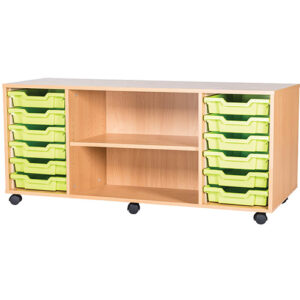 12 Tray Mobile or Static Quad Bay Classroom Storage Unit With Centre Shelf - 615mm High