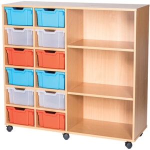 12 Deep Tray Mobile or Static Quad Bay Classroom Storage Unit with End Shelves - 1189mm High