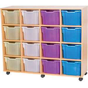 16 Extra Deep Tray Quad Bay Static or Mobile Fixed Shelf Classroom Storage Unit - 1107mm High