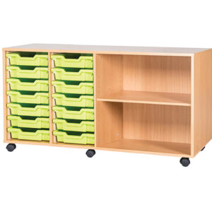 14 Tray Mobile or Static Quad Bay Classroom Storage Unit with End Shelves - 697mm High