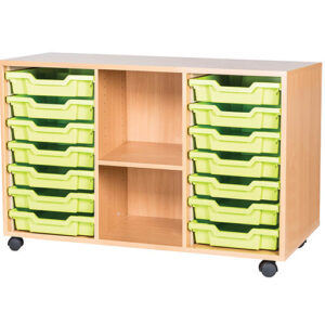 14 Tray Mobile or Static Triple Bay Classroom Storage Unit With Centre Shelf - 697mm High