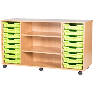 16 Tray Mobile or Static Quad Bay Classroom Storage Unit With Centre Shelves - 779mm High