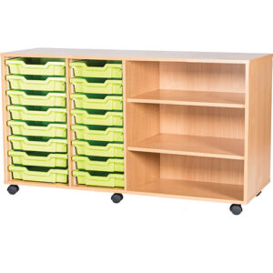 16 Tray Mobile or Static Quad Bay Classroom Storage Unit with End Shelves - 779mm High
