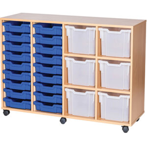 18 Shallow and 6 Extra Deep Mixed Tray Quad Bay Mobile or Static Classroom Storage Unit - 861mm High