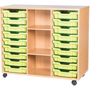 18 Tray Mobile or Static Triple Bay Classroom Storage Unit with Centre Shelves - 861mm High