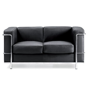 Belmont Cubed Black Leather Faced Two Seater Reception Sofa with Stainless Steel Frame