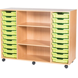 20 Tray Mobile or Static Quad Bay Classroom Storage Unit with Centre Shelves - 943mm High