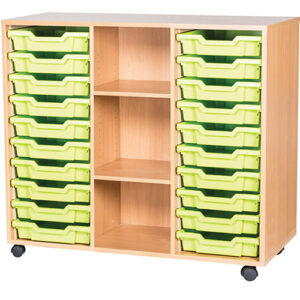 20 Tray Mobile or Static Triple Bay Classroom Storage Unit with Centre Shelves - 943mm High