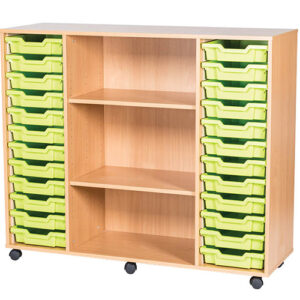 24 Tray Mobile or Static Quad Bay Classroom Storage Unit with Centre Shelves - 1107mm High