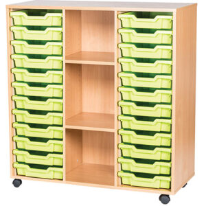 24 Tray Mobile or Static Triple Bay Classroom Storage Unit With Centre Shelves - 1107mm High