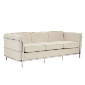 Belmont Cubed Ivory Leather Faced Three Seater Reception Sofa with Stainless Steel Frame