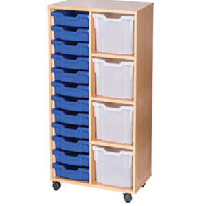 4 Extra Deep and 12 Shallow Mixed Tray Double Bay Mobile or Static Classroom Storage Unit - 1107mm High