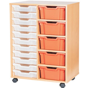 5 Deep and 11 Shallow Mixed Tray Double Bay Mobile or Static Classroom Storage Unit - 1025mm High