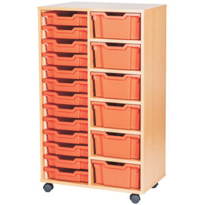 6 Deep and 13 Shallow Mixed Tray Double Bay Mobile or Static Classroom Storage Unit - 1189mm High