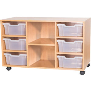 6 Deep Tray Mobile or Static Quad Bay Classroom Storage Unit With Centre Shelf - 615mm High