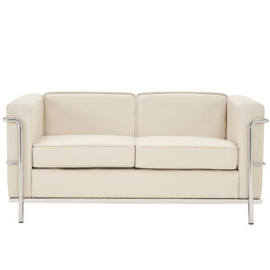 Belmont Cubed Ivory Leather Faced Two Seater Reception Sofa with Stainless Steel Frame