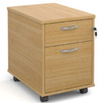 Mobile-2-drawer-pedestal-with-silver-handles-600mm-deep-oak